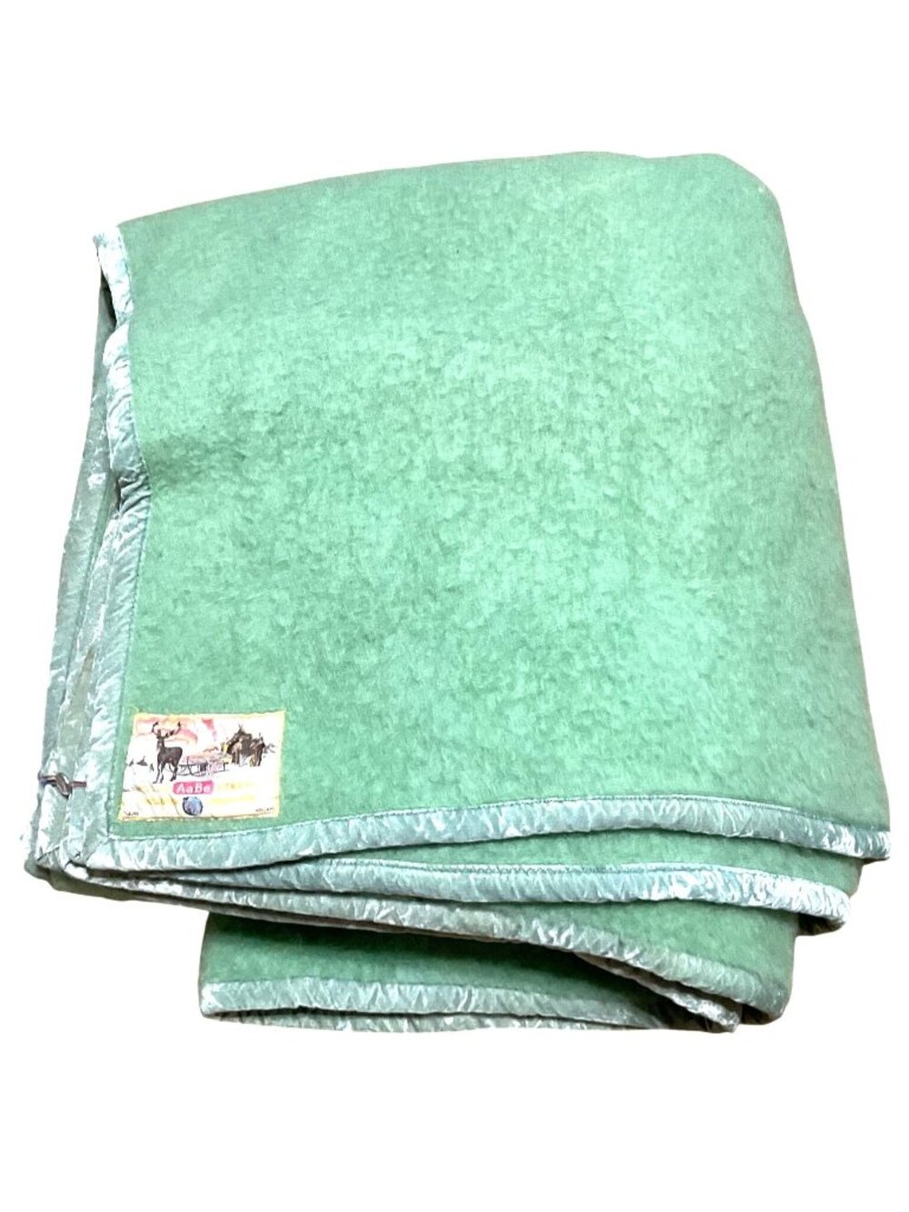 Vtg AaBe 100% Pure Wool Blanket Green Satin Trim Holland 80" x 90" Queen Size